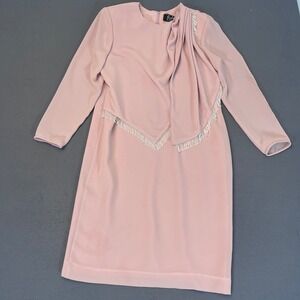 Vintage Jules of Margate Pink Beaded Fringe Draped Shift Dress Long Sleeve OS